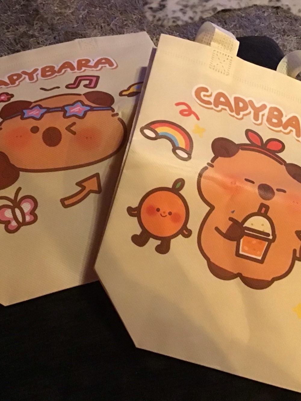 Cute Capybara Cartoon Tote Bags. Set of two. - Cream & Orange